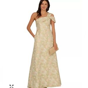 Adrianna Papell One-Shoulder Floral Gown in Sage Green and Blush
